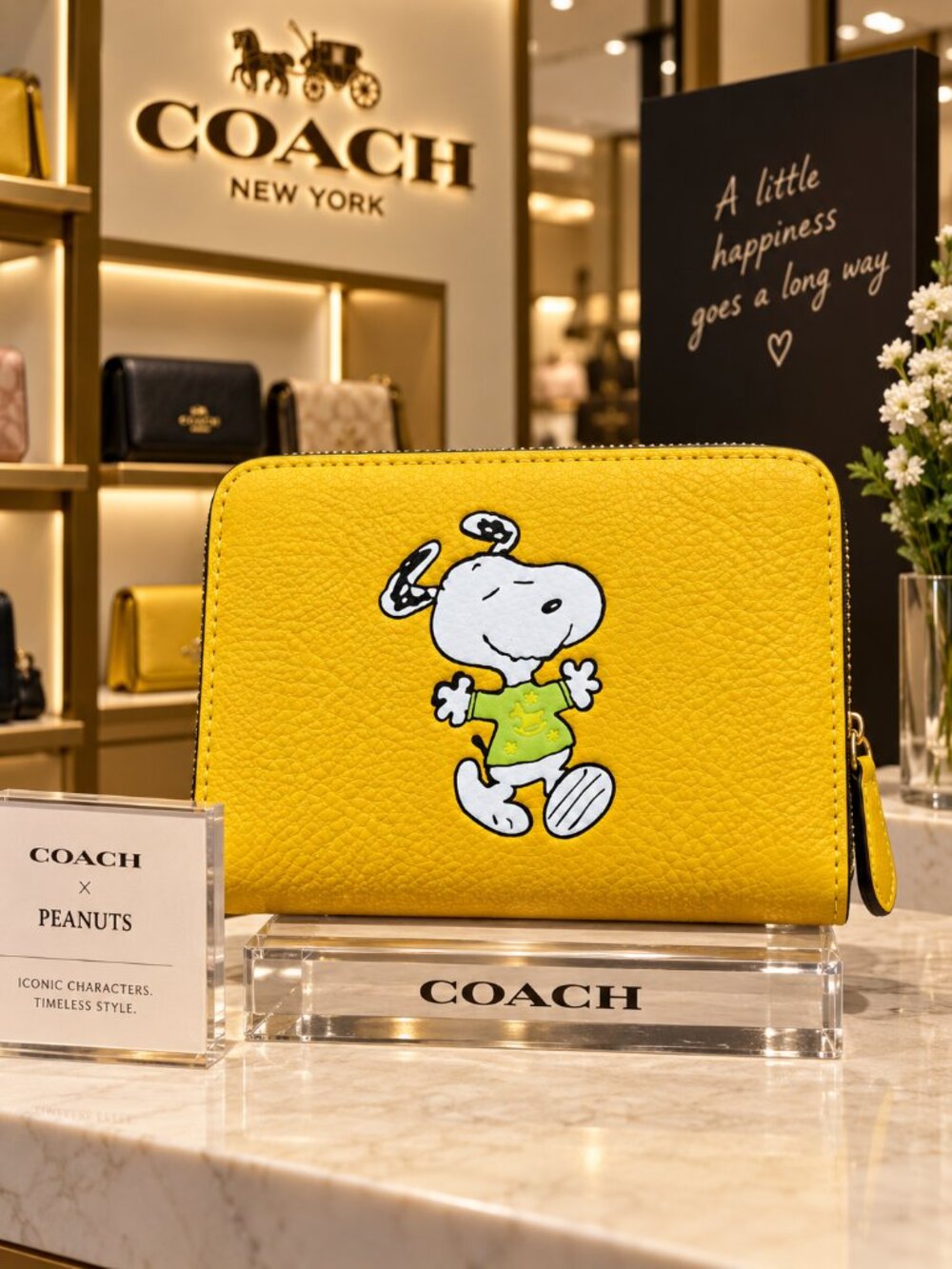 COACH x Peanuts Snoopy Walk Motif Small Zip Around Wallet Yellow Pebbled Leather